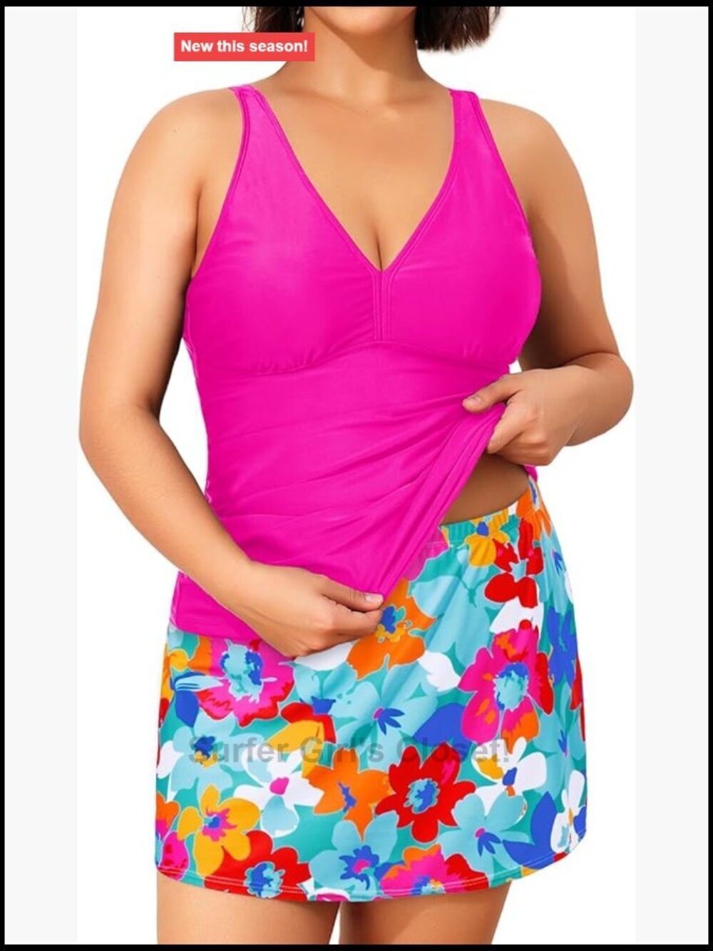 Plus Size Tummy Control Tankini with Skirt V-Neck Two Piece Swimwear